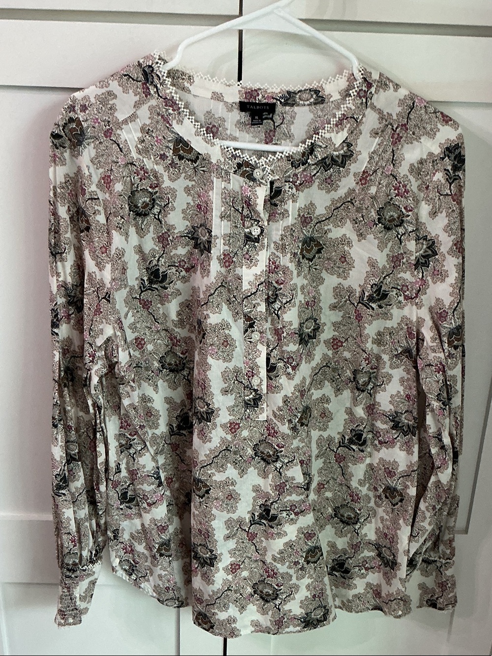 Talbots Ivory Floral Henley Top with Pink & Olive Accents